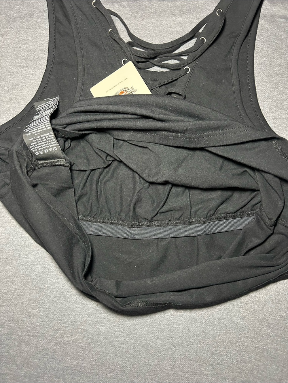 Harley-Davidson Black Lace-Up Camisole Tank with Rust Feather Graphic - Picture 8 of 9